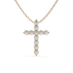 Yellow gold cross pendant featuring round cut lab grown diamonds on a matching gold chain for everyday wear.