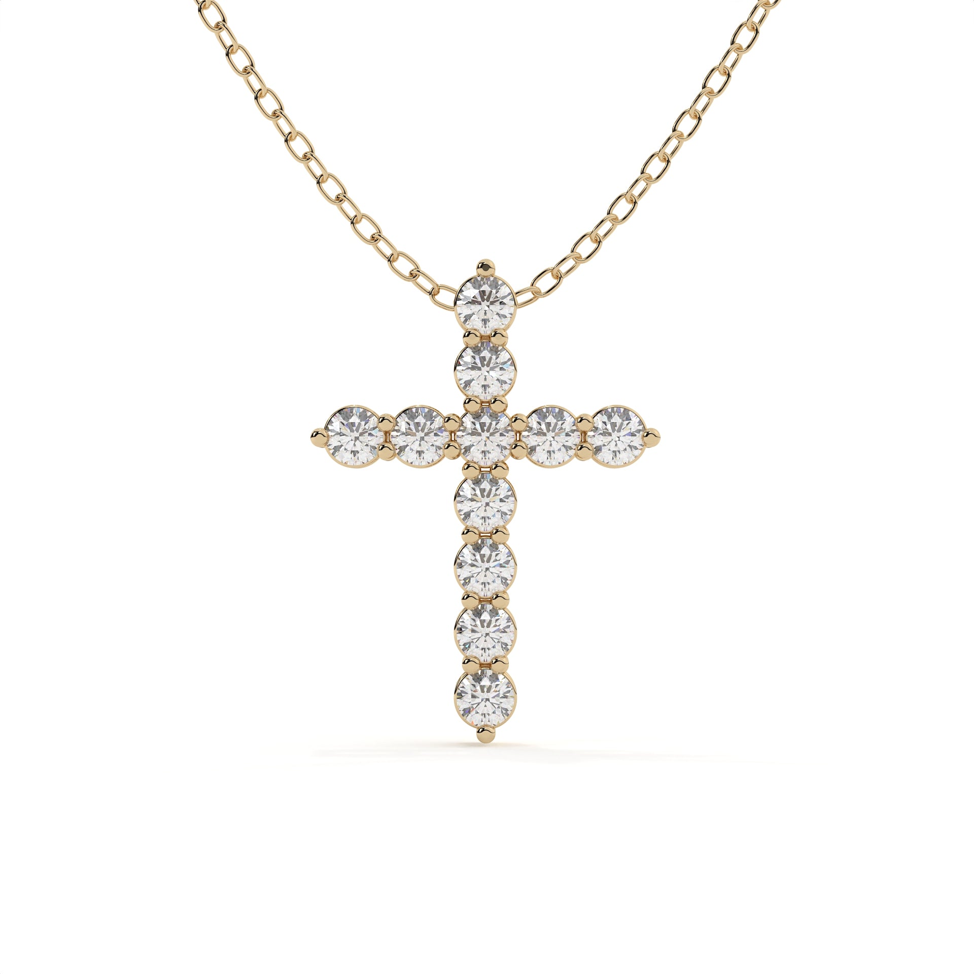 Yellow gold cross pendant featuring round cut lab grown diamonds on a matching gold chain for everyday wear.