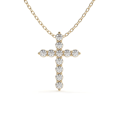 Yellow gold cross pendant featuring round cut lab grown diamonds on a matching gold chain for everyday wear.
