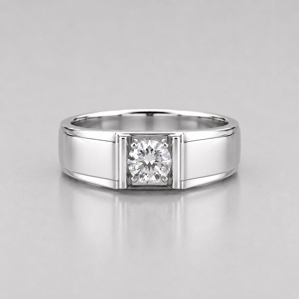 Round cut lab grown diamond men's bar set solitaire ring featuring a polished white gold band with a single round diamond in a bar setting.