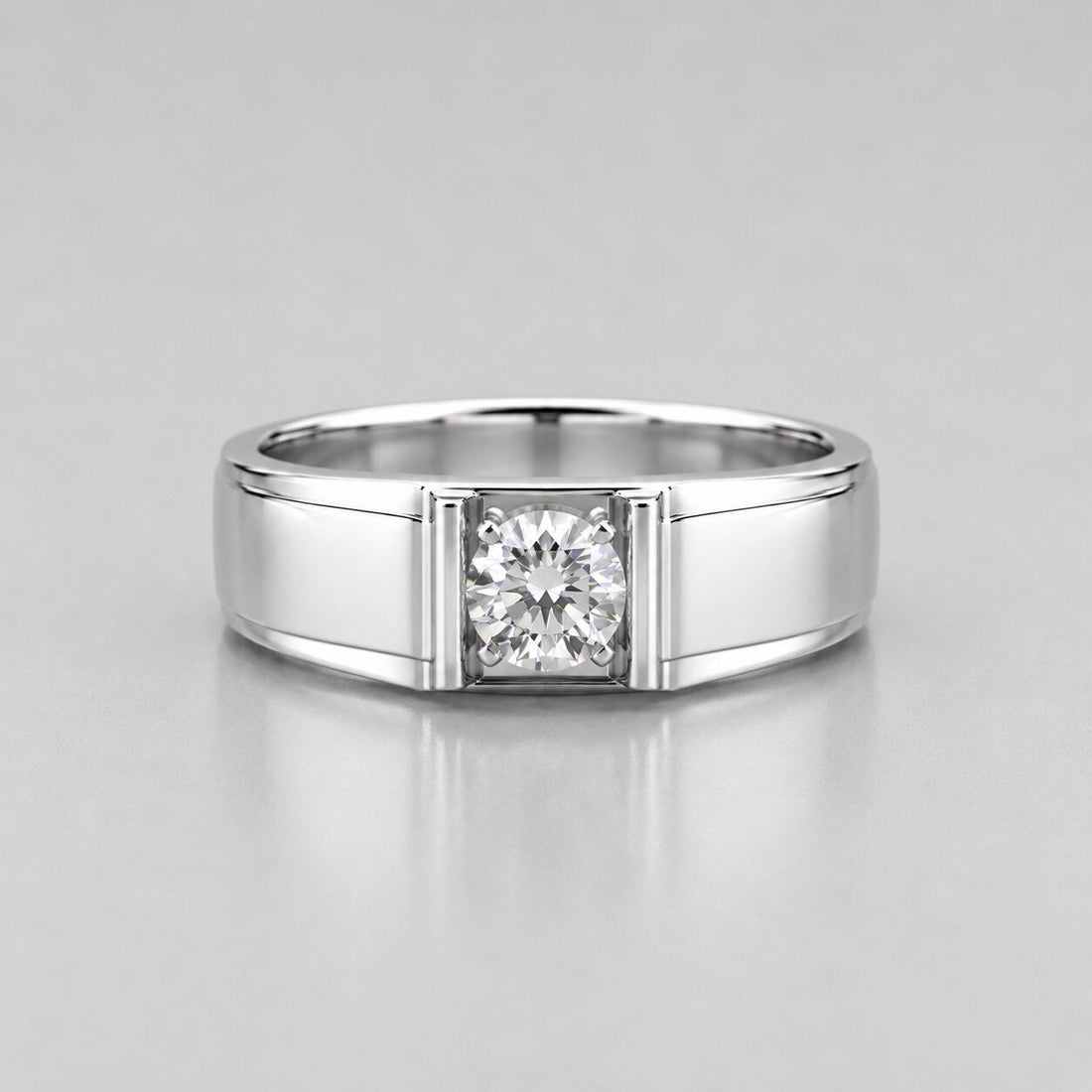 Round cut lab grown diamond men's bar set solitaire ring featuring a polished white gold band with a single round diamond in a bar setting.