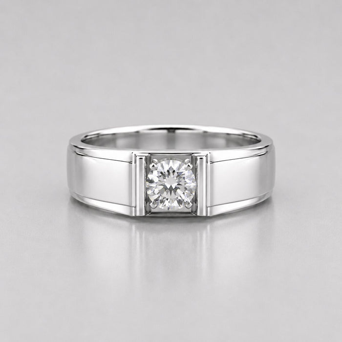 Round cut lab grown diamond men's bar set solitaire ring featuring a polished white gold band with a single round diamond in a bar setting.
