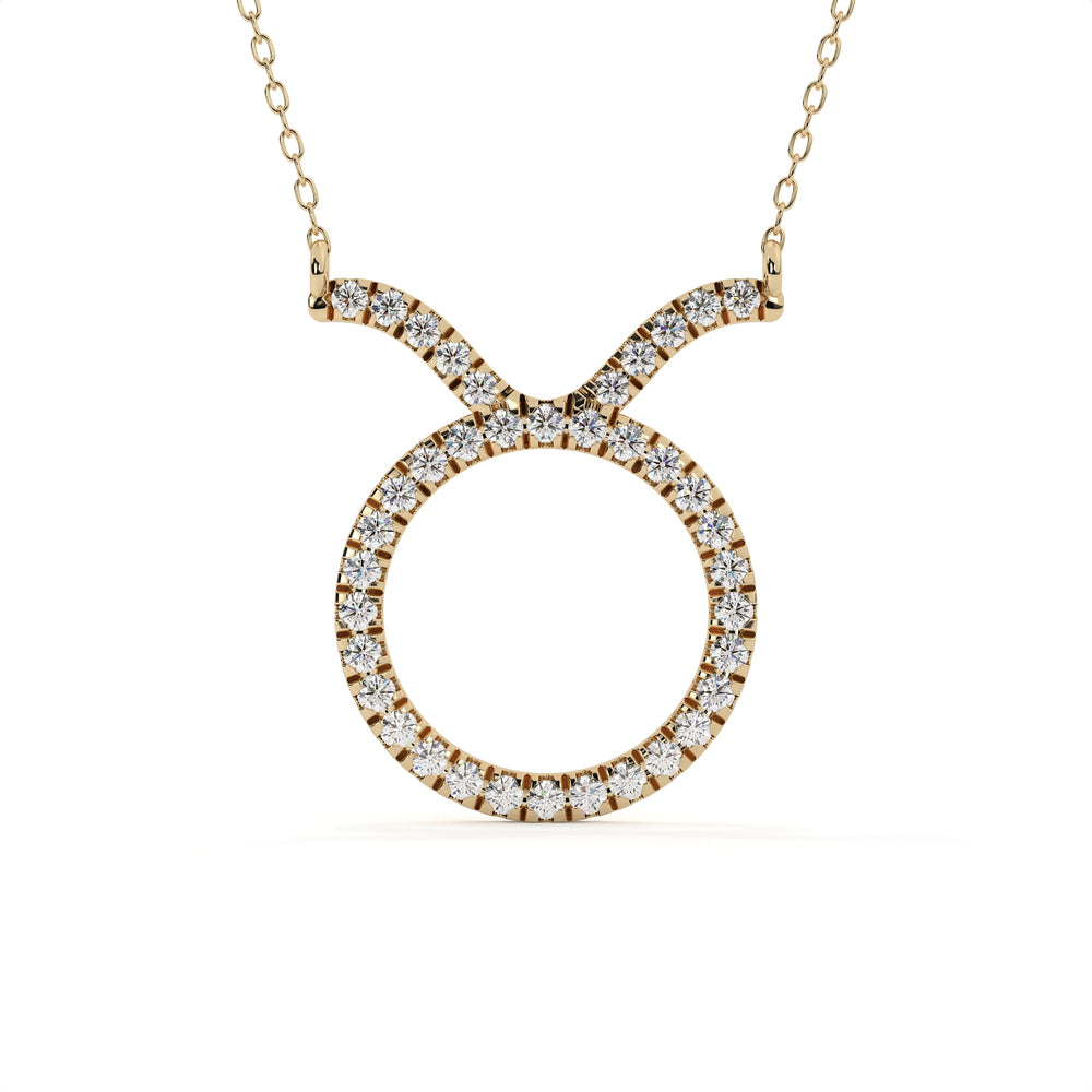 Taurus zodiac sign pendant with round lab grown diamonds in yellow gold, astrology necklace for April and May birth month gifts.