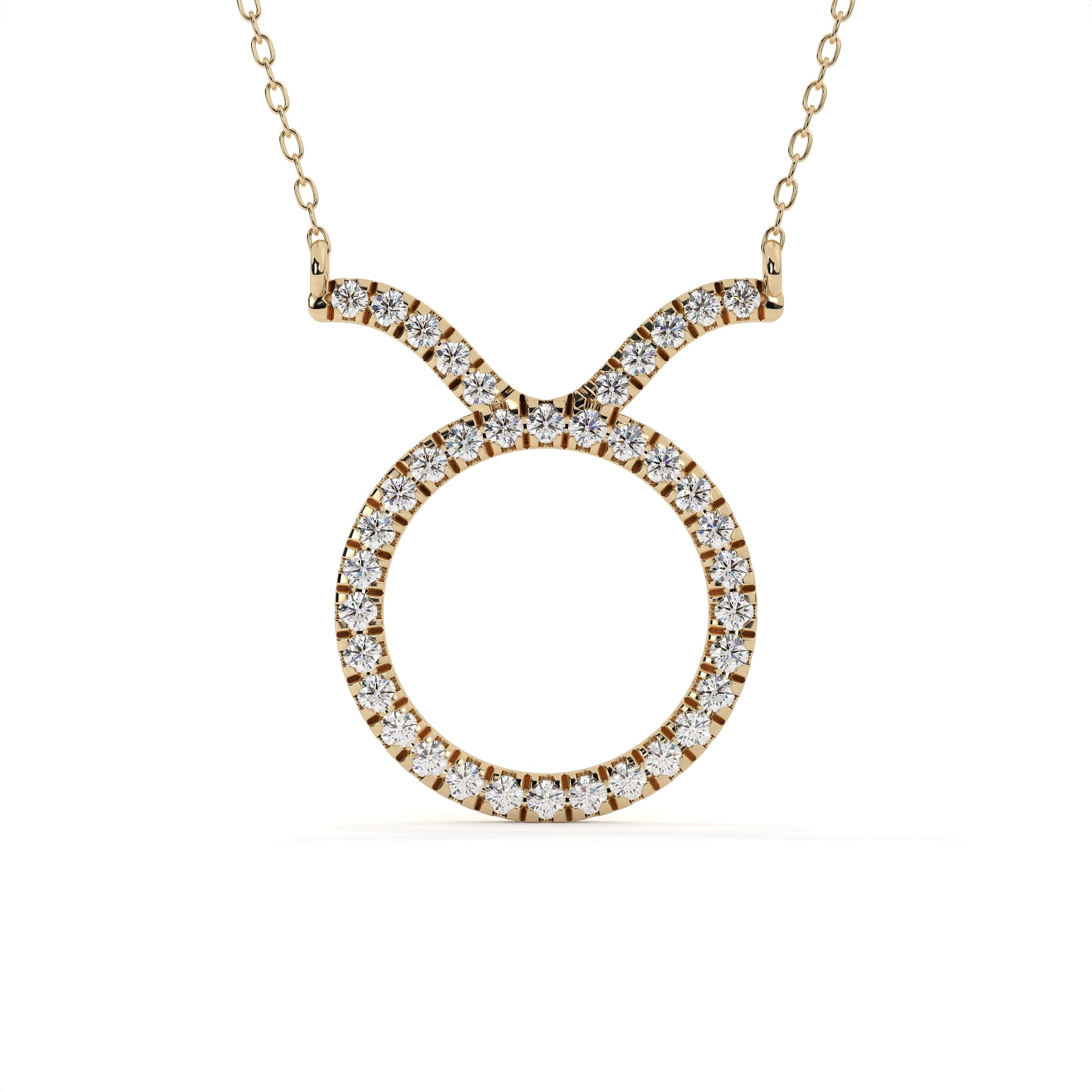 Taurus zodiac sign pendant with round lab grown diamonds in yellow gold, astrology necklace for April and May birth month gifts.