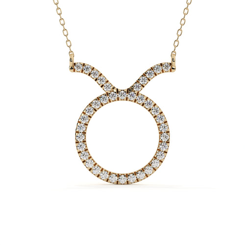 Taurus zodiac sign pendant with round lab grown diamonds in yellow gold, astrology necklace for April and May birth month gifts.