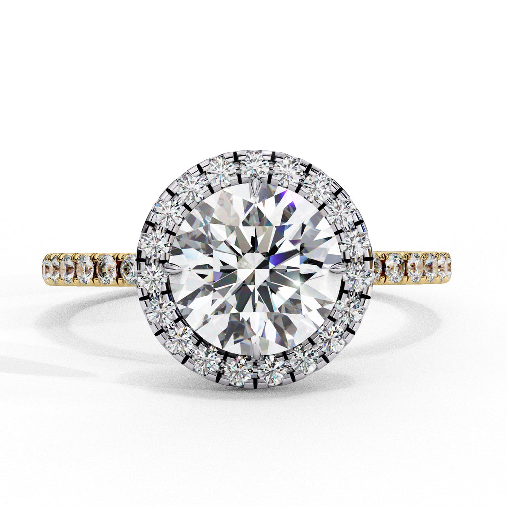Diamond ring with a large central gemstone and smaller stones on a white background