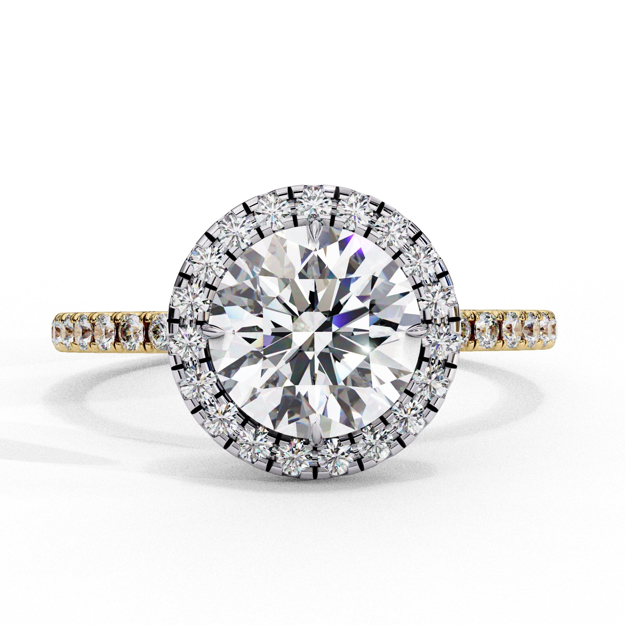 Diamond ring with a large central gemstone and smaller stones on a white background