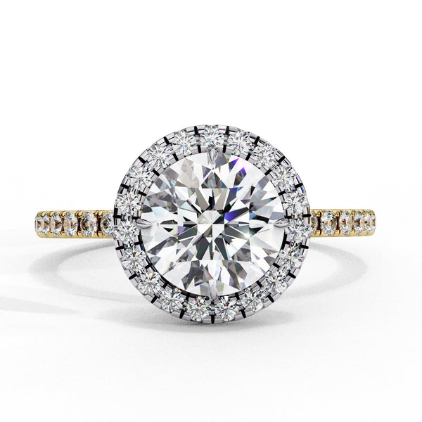 Diamond ring with a large central gemstone and smaller stones on a white background