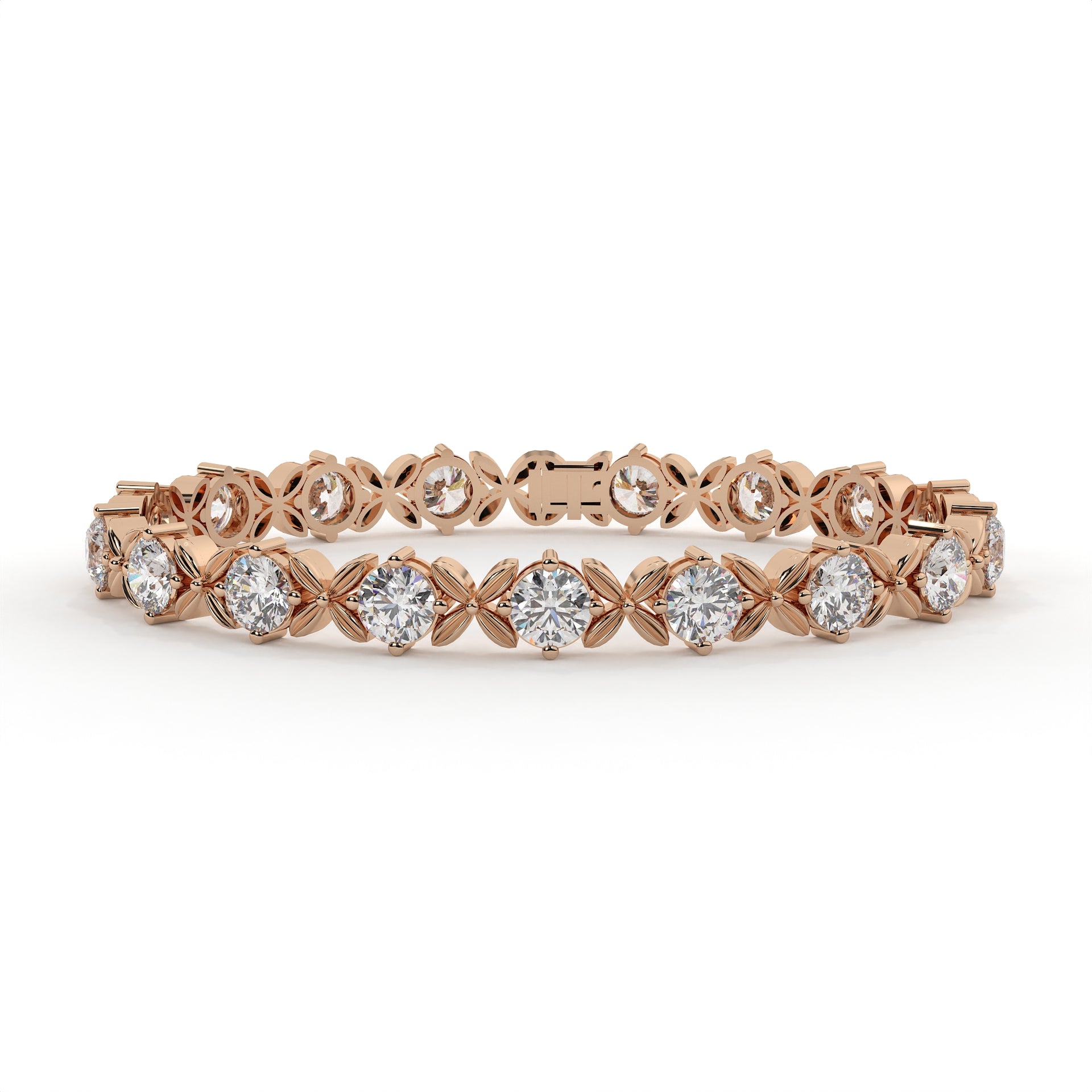 Rose gold diamond eternity ring on a white background