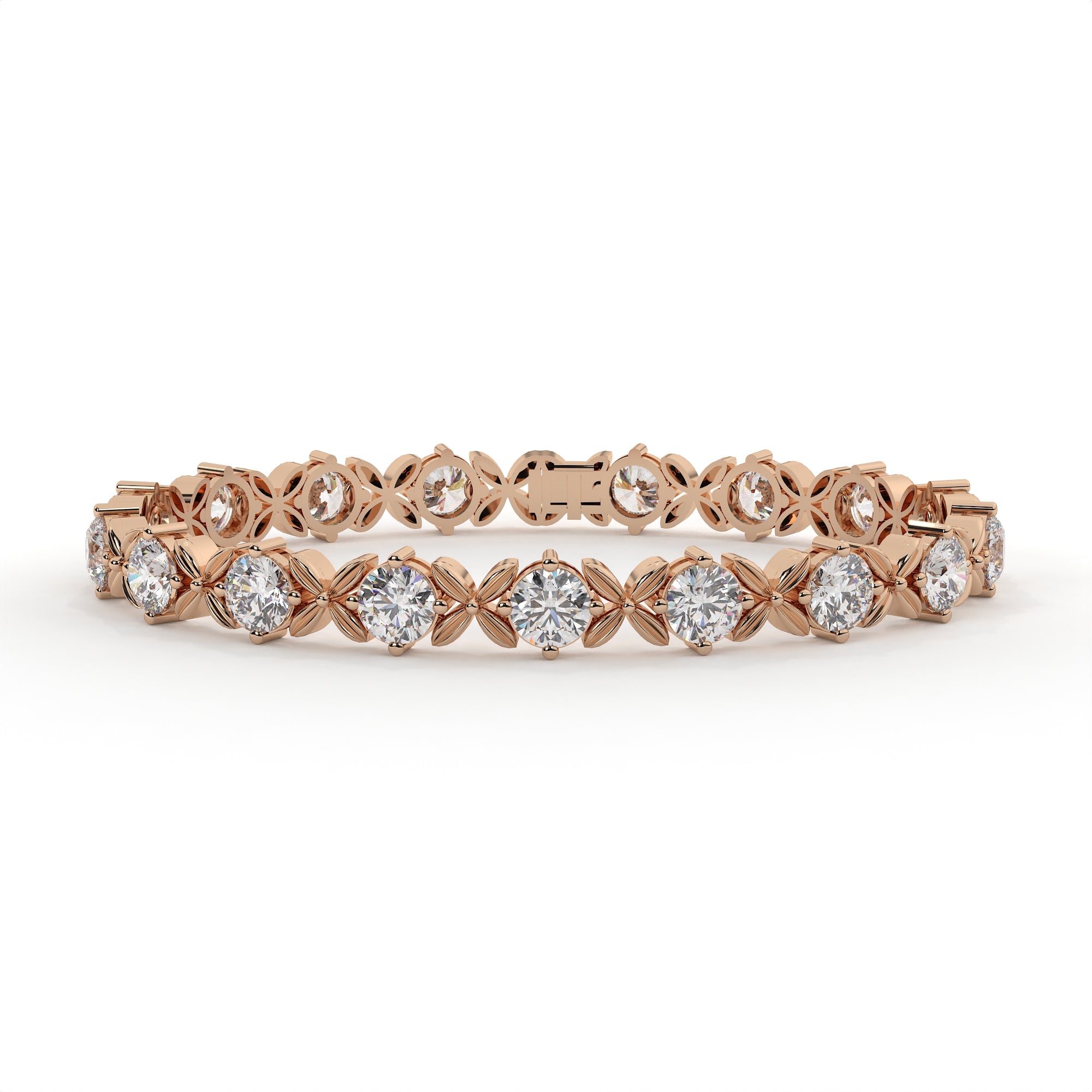 Rose gold diamond eternity ring on a white background