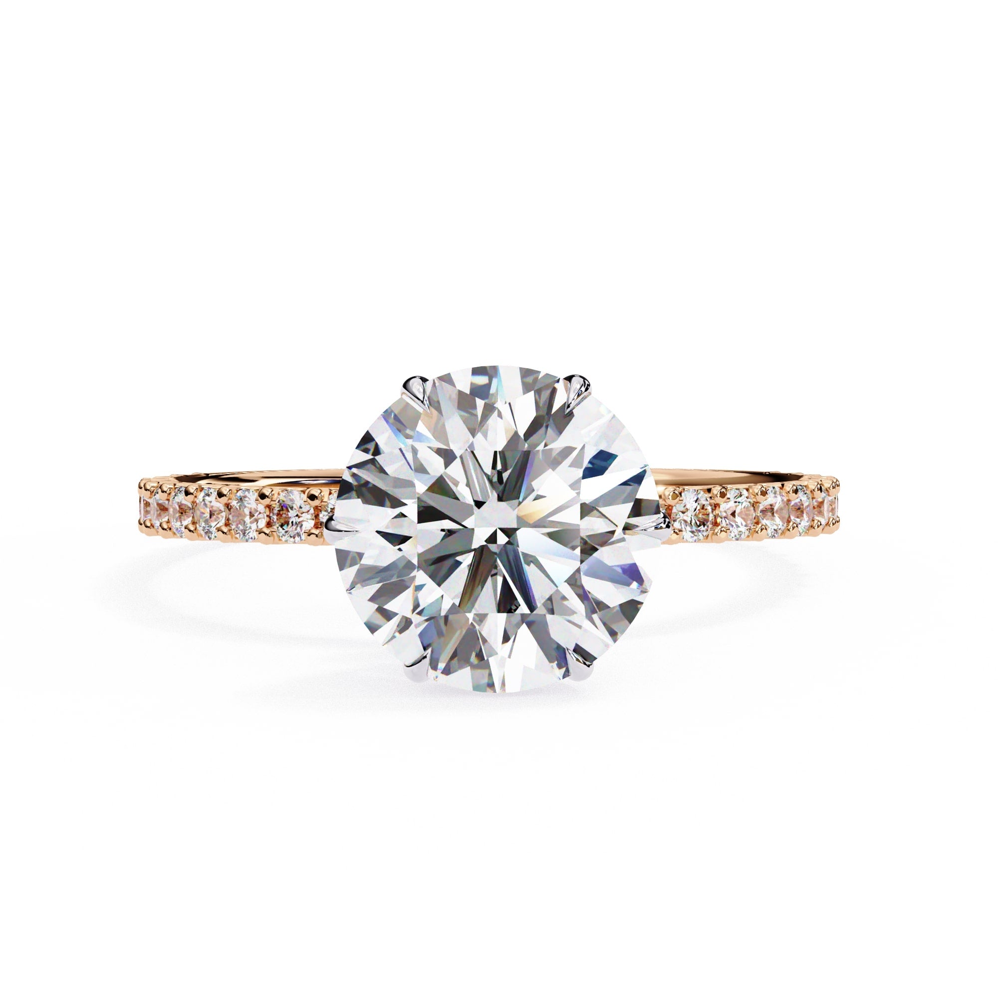 Diamond ring with a rose gold band on a white background