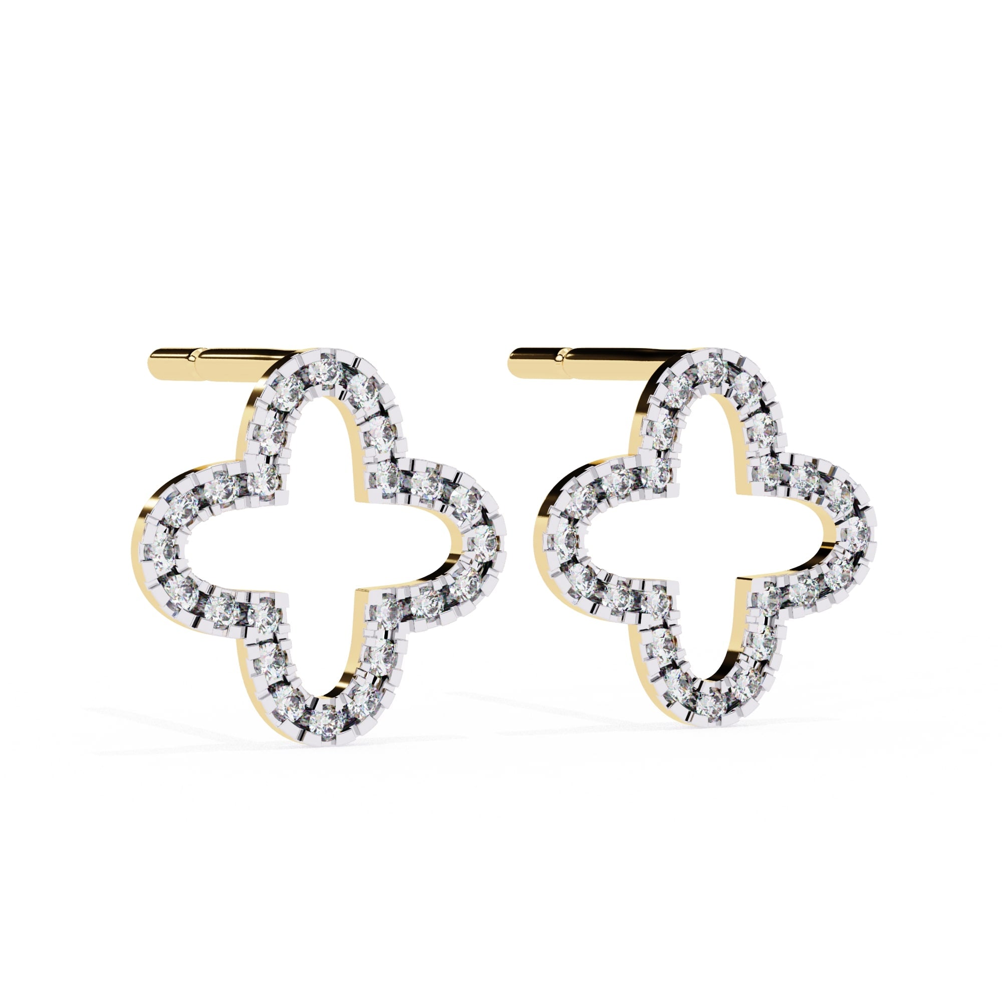Pair of diamond earrings with gold accents on a white background