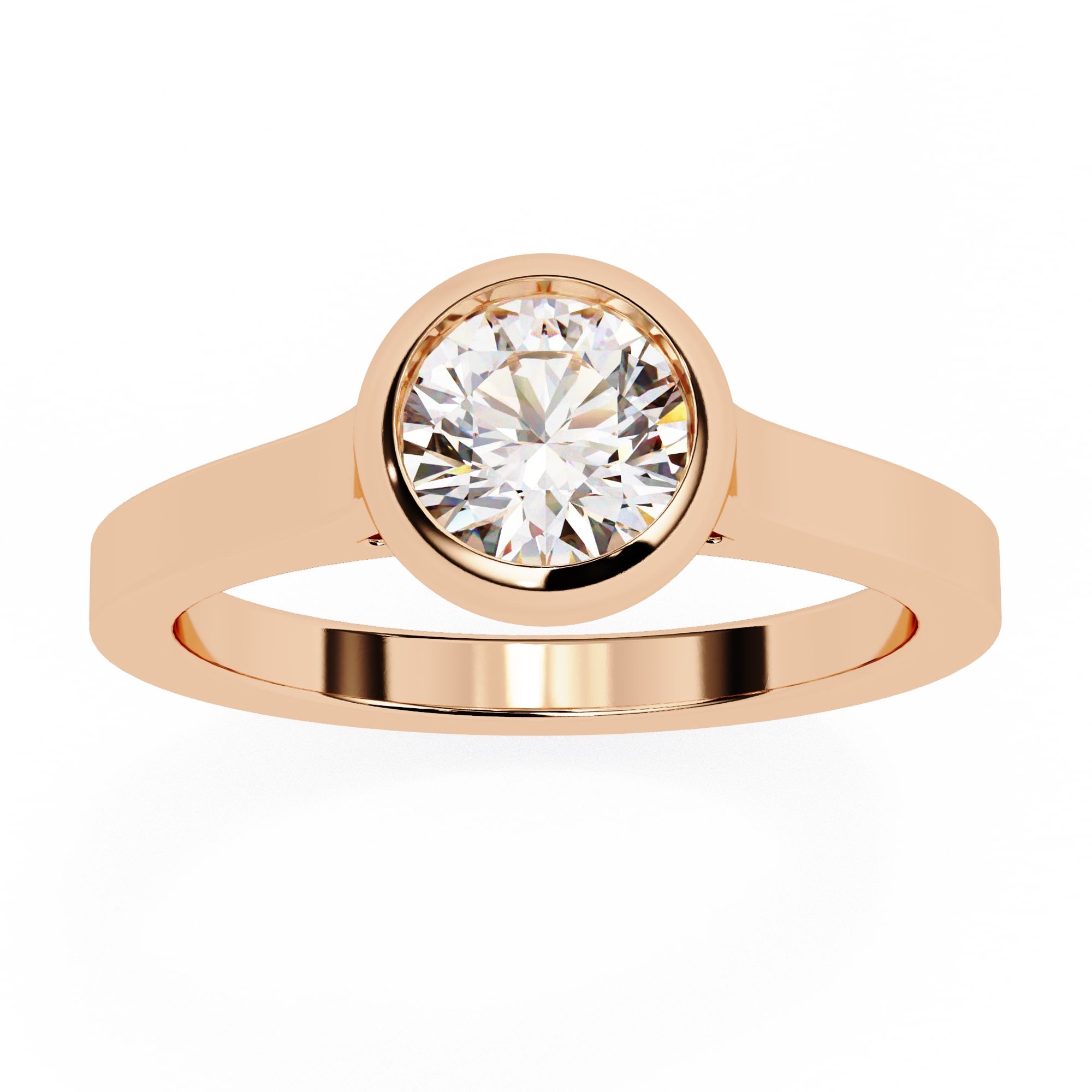 Rose gold ring with a diamond on a white background