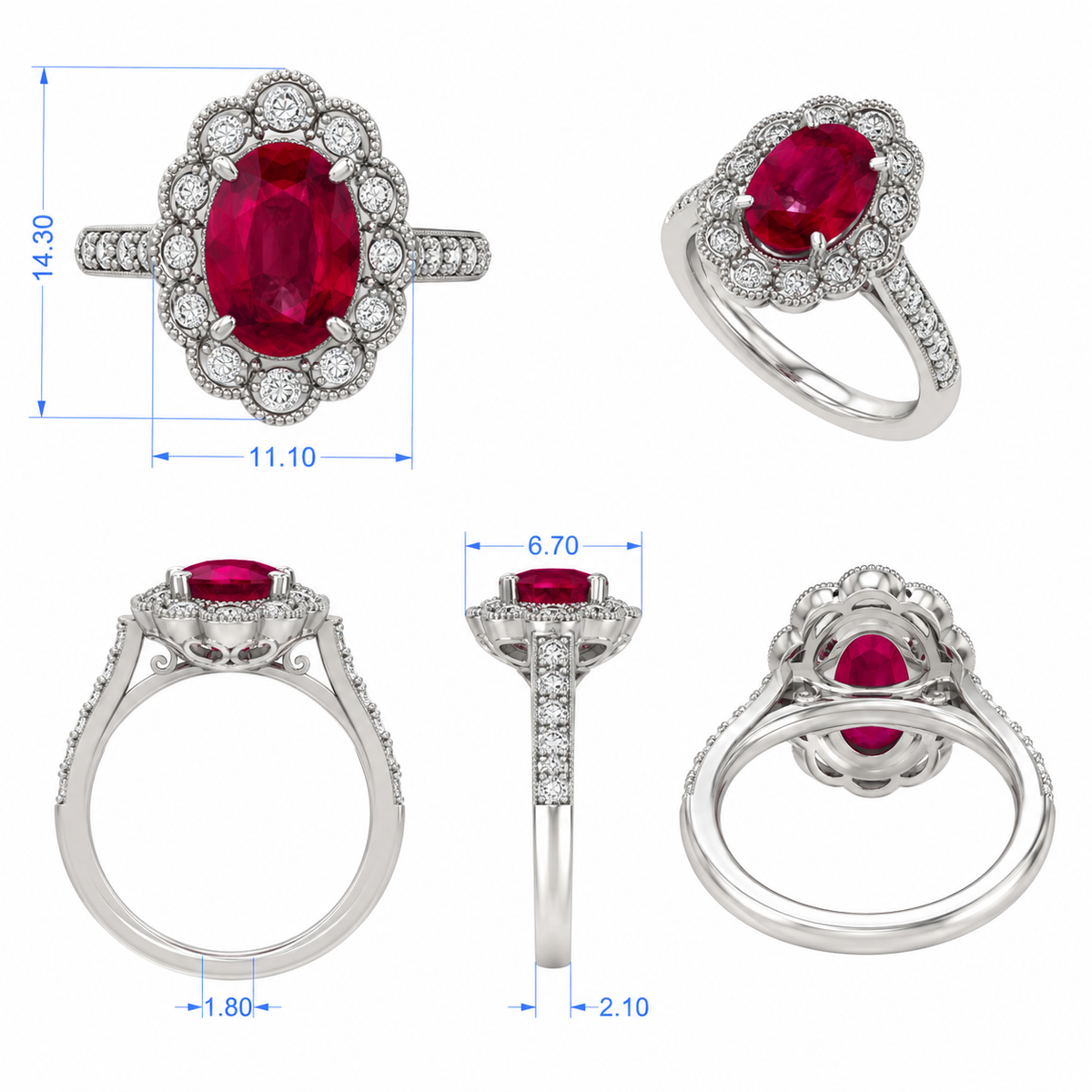 Silver rings with red gemstones and diamond accents, shown from multiple angles with measurements.