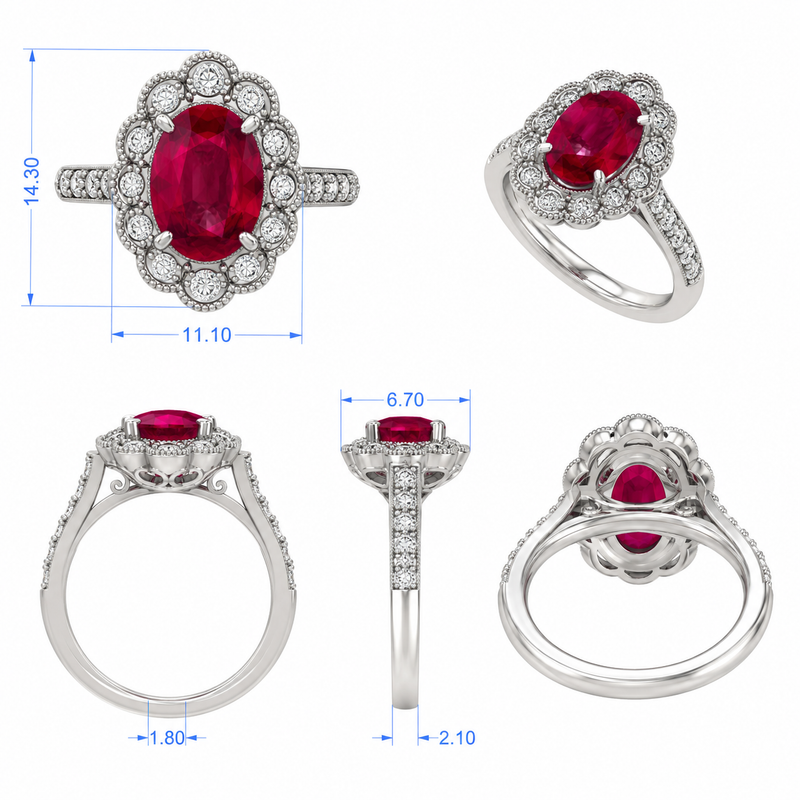 Silver rings with red gemstones and diamond accents, shown from multiple angles with measurements.