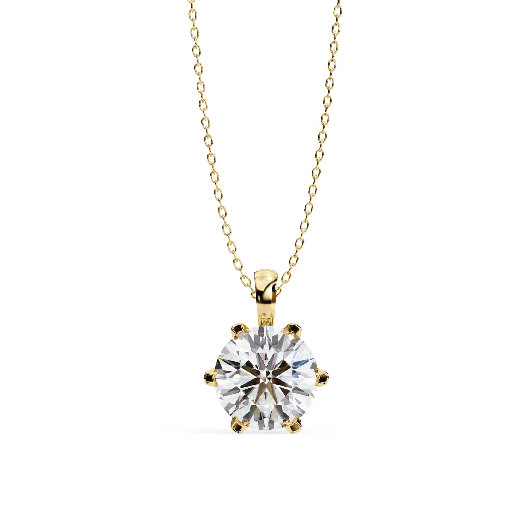 Gold necklace with a round diamond pendant on a white background