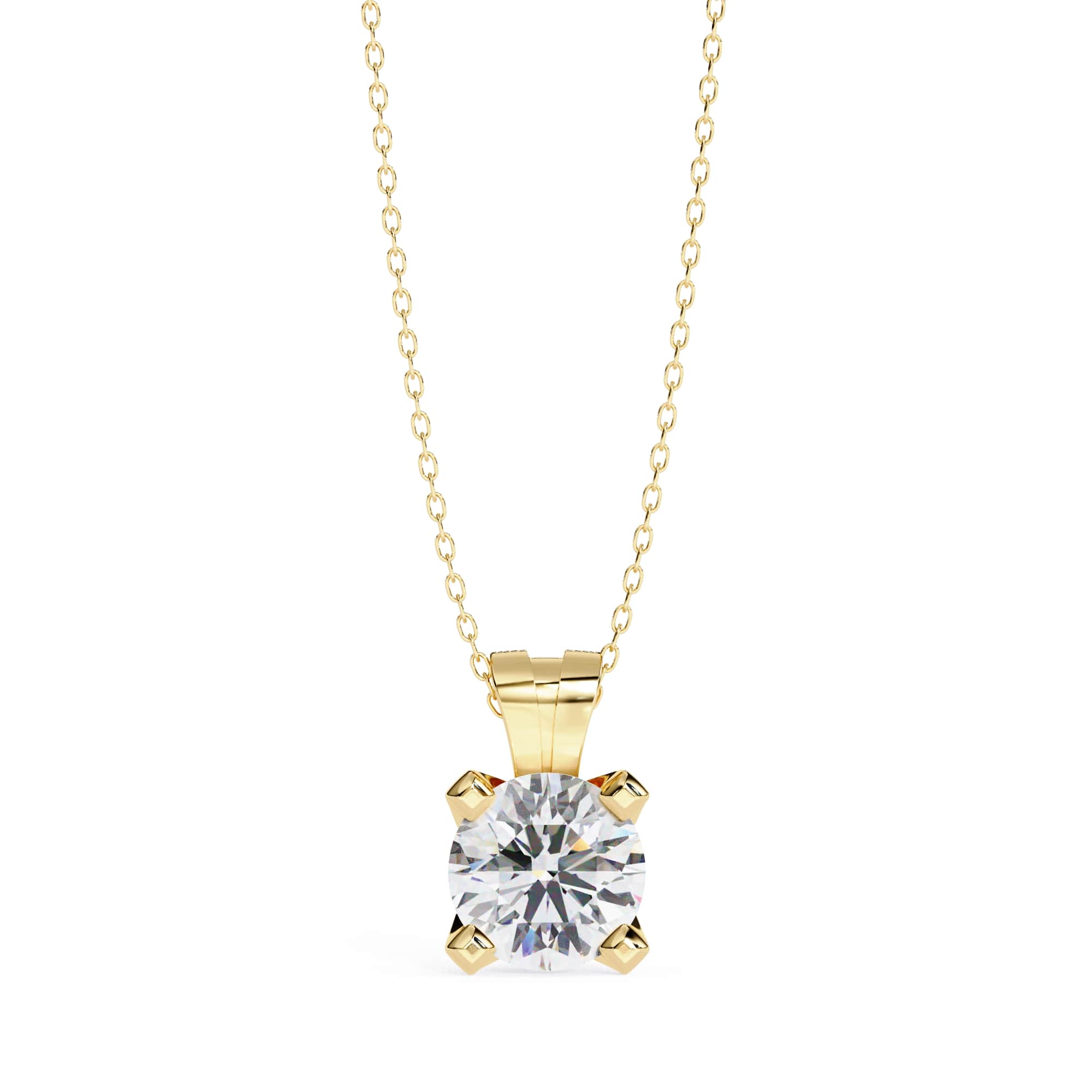 Gold necklace with a round diamond pendant on a white background