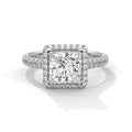Diamond ring with a square-cut center stone on a white background