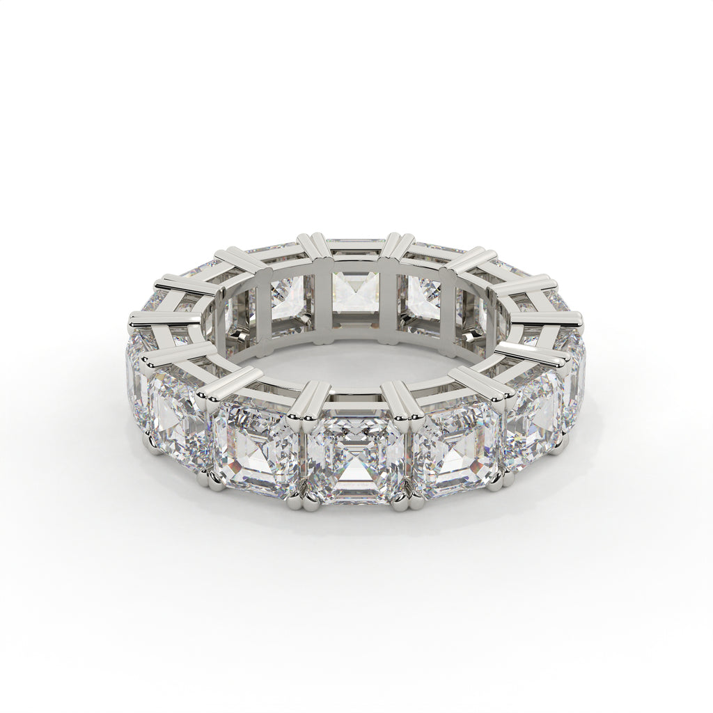 Diamond ring with a geometric design on a white background