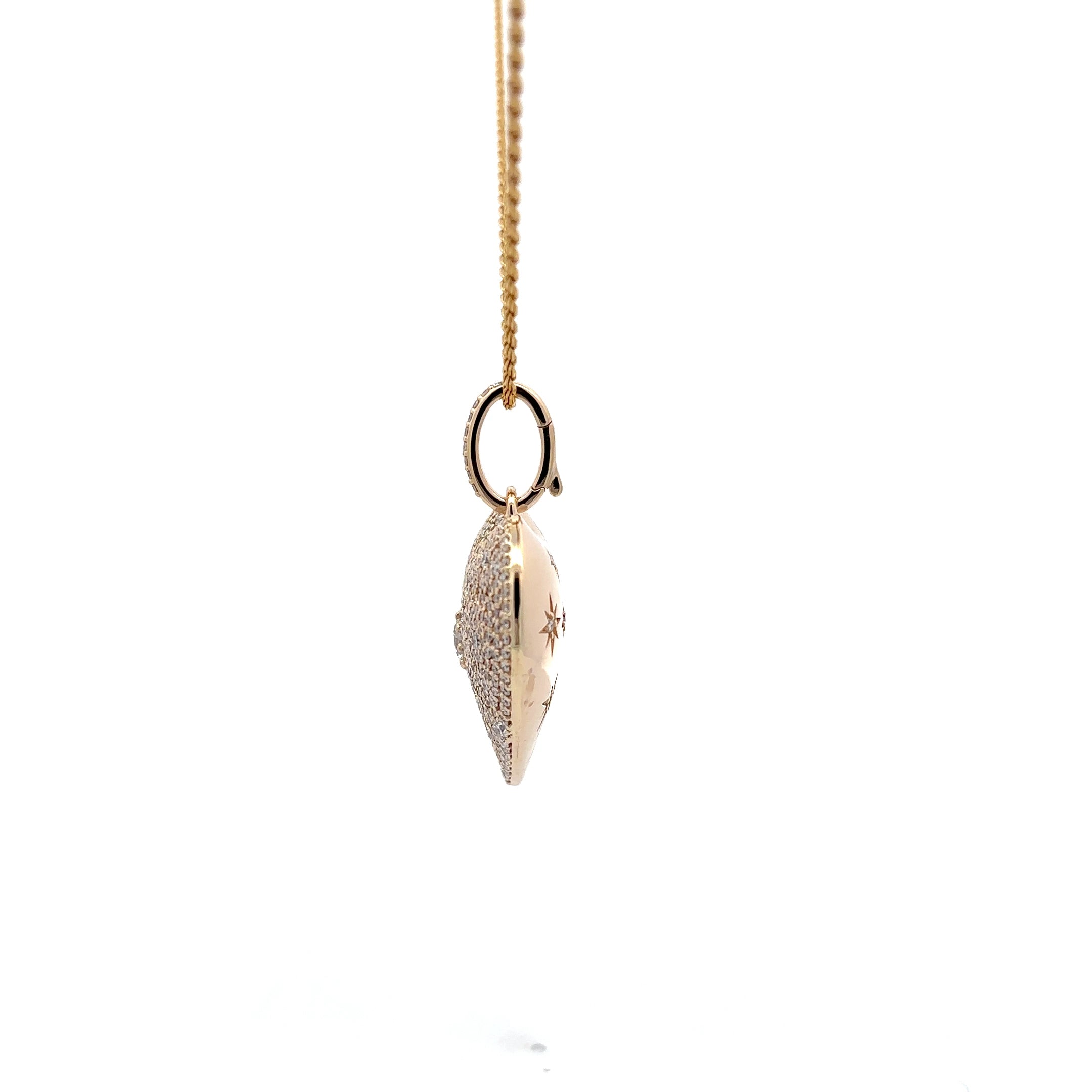 Gold necklace with a unique pendant on a white background