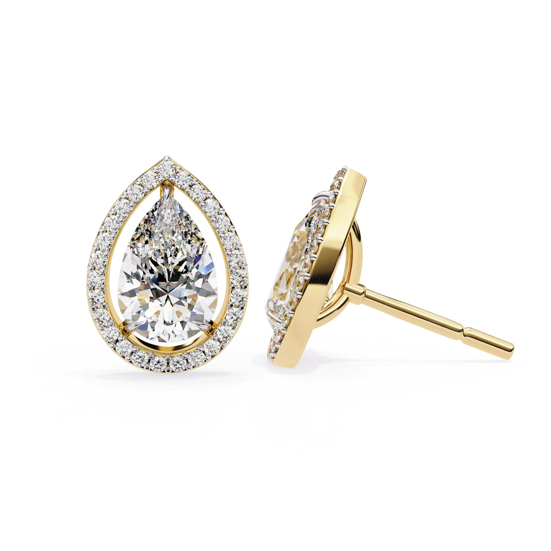 Gold teardrop-shaped diamond earrings on a white background