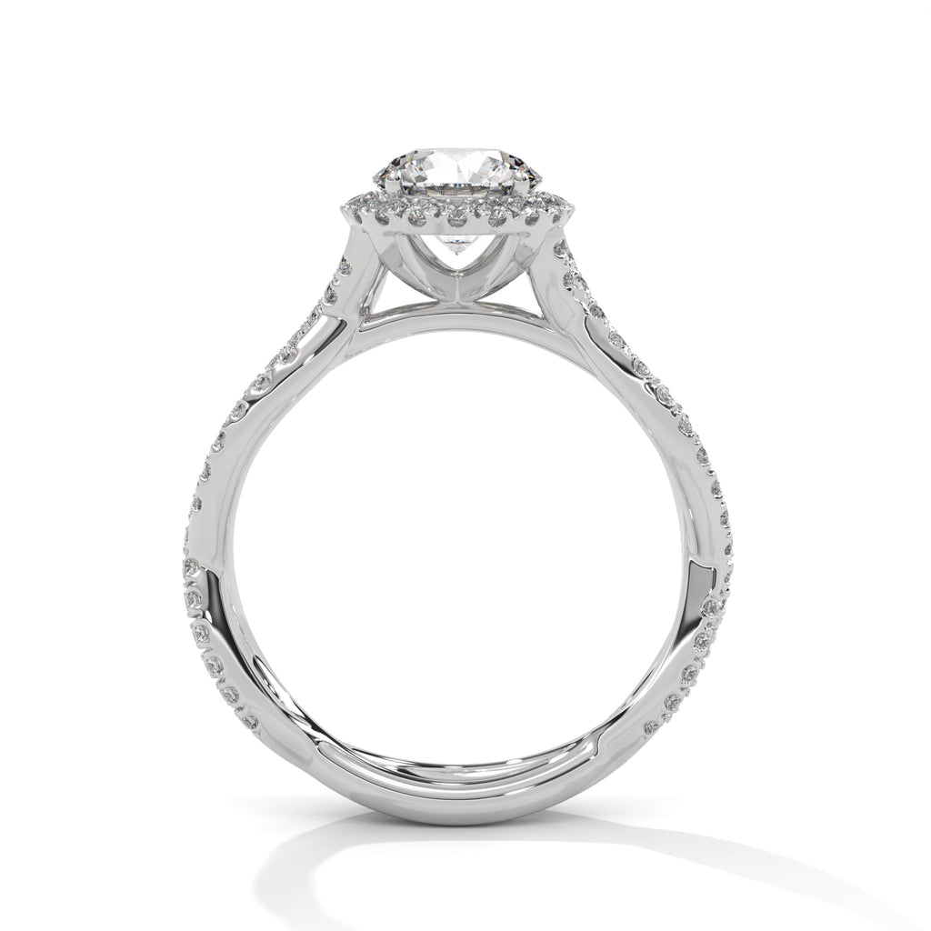 Diamond ring with a white gold band on a white background