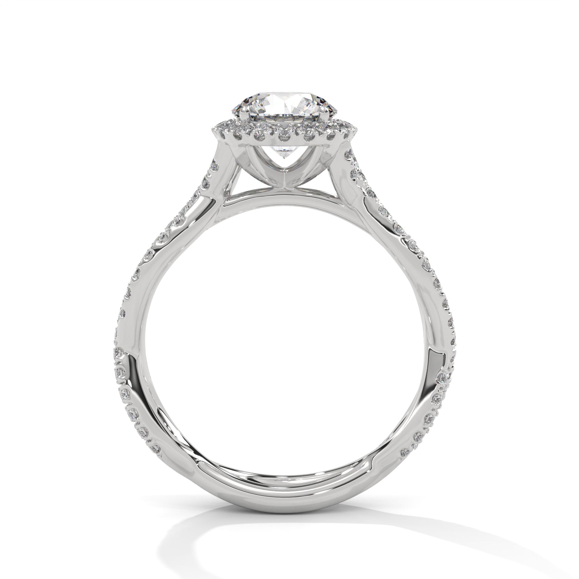 Diamond ring with a white gold band on a white background