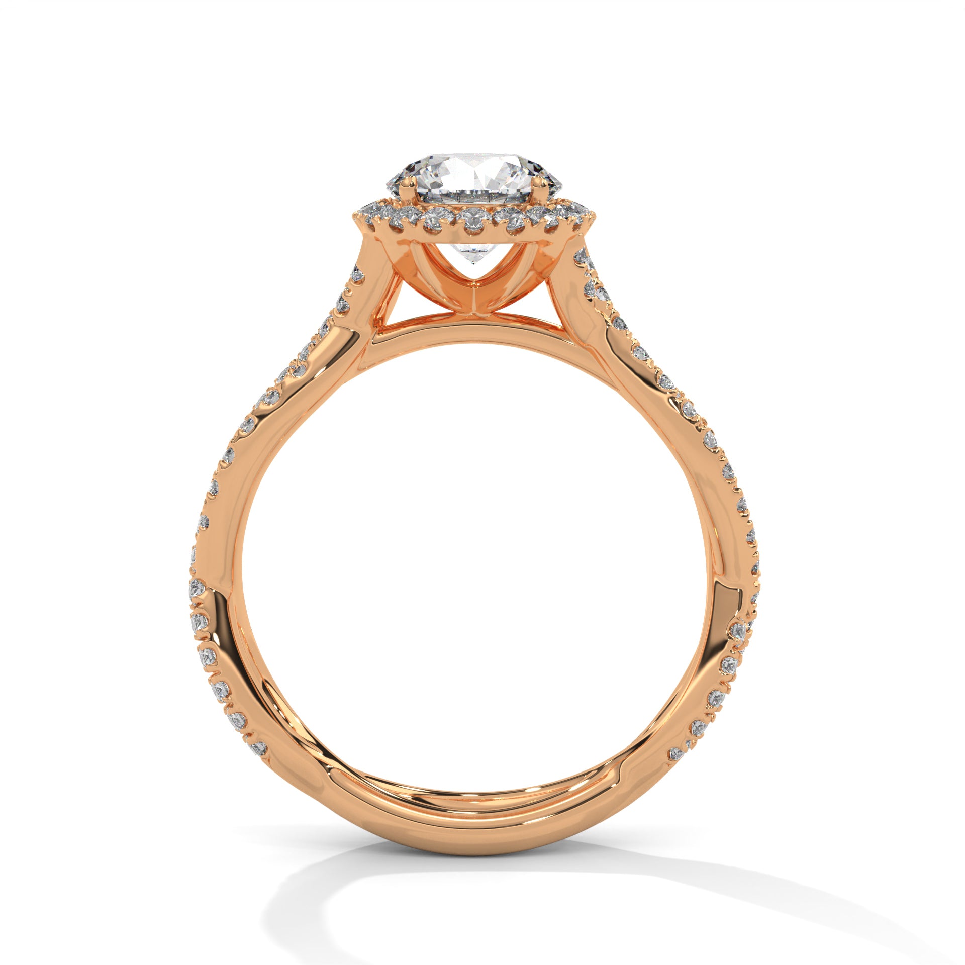 Rose gold ring with a diamond on a white background