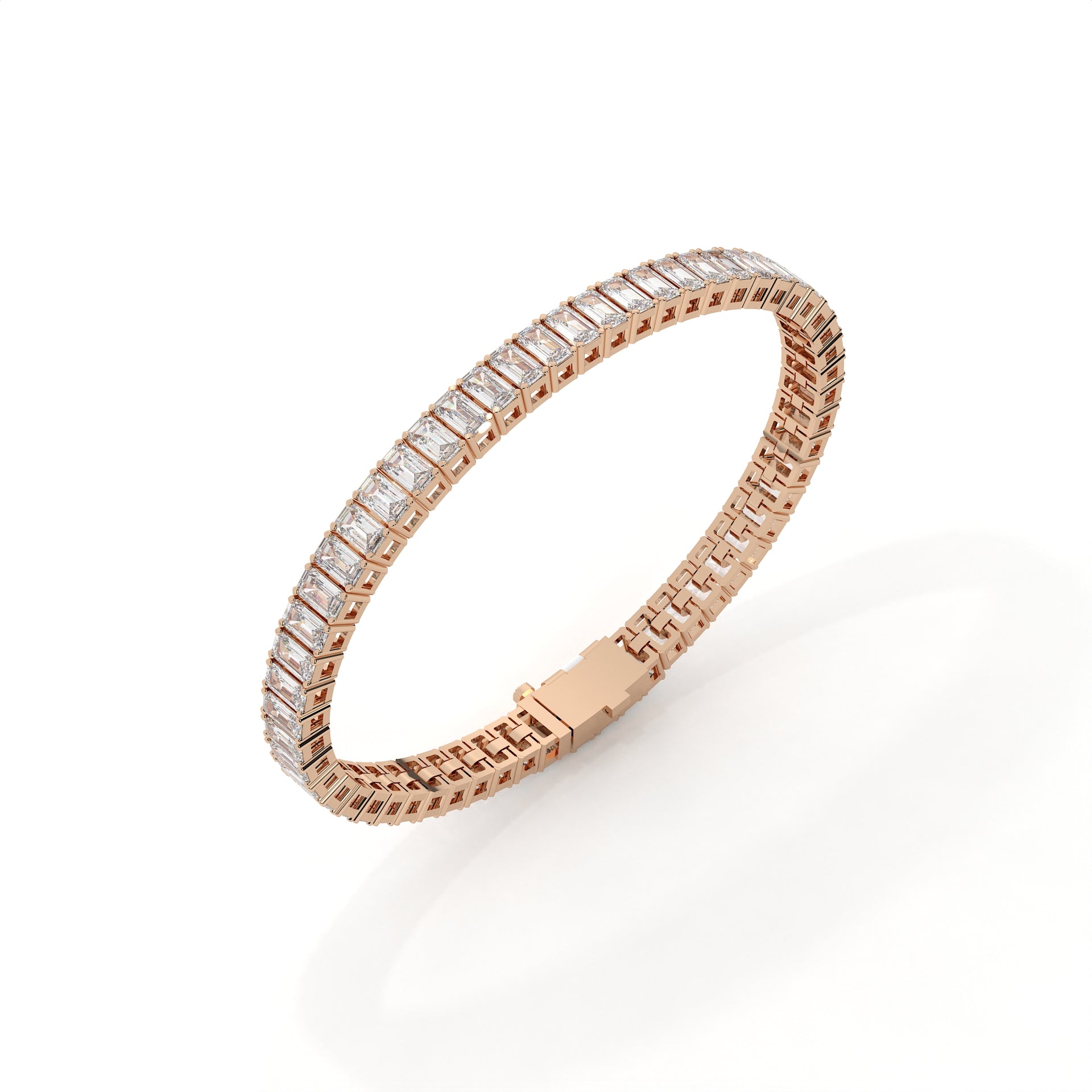 Rose gold bracelet with clear gemstones on a white background