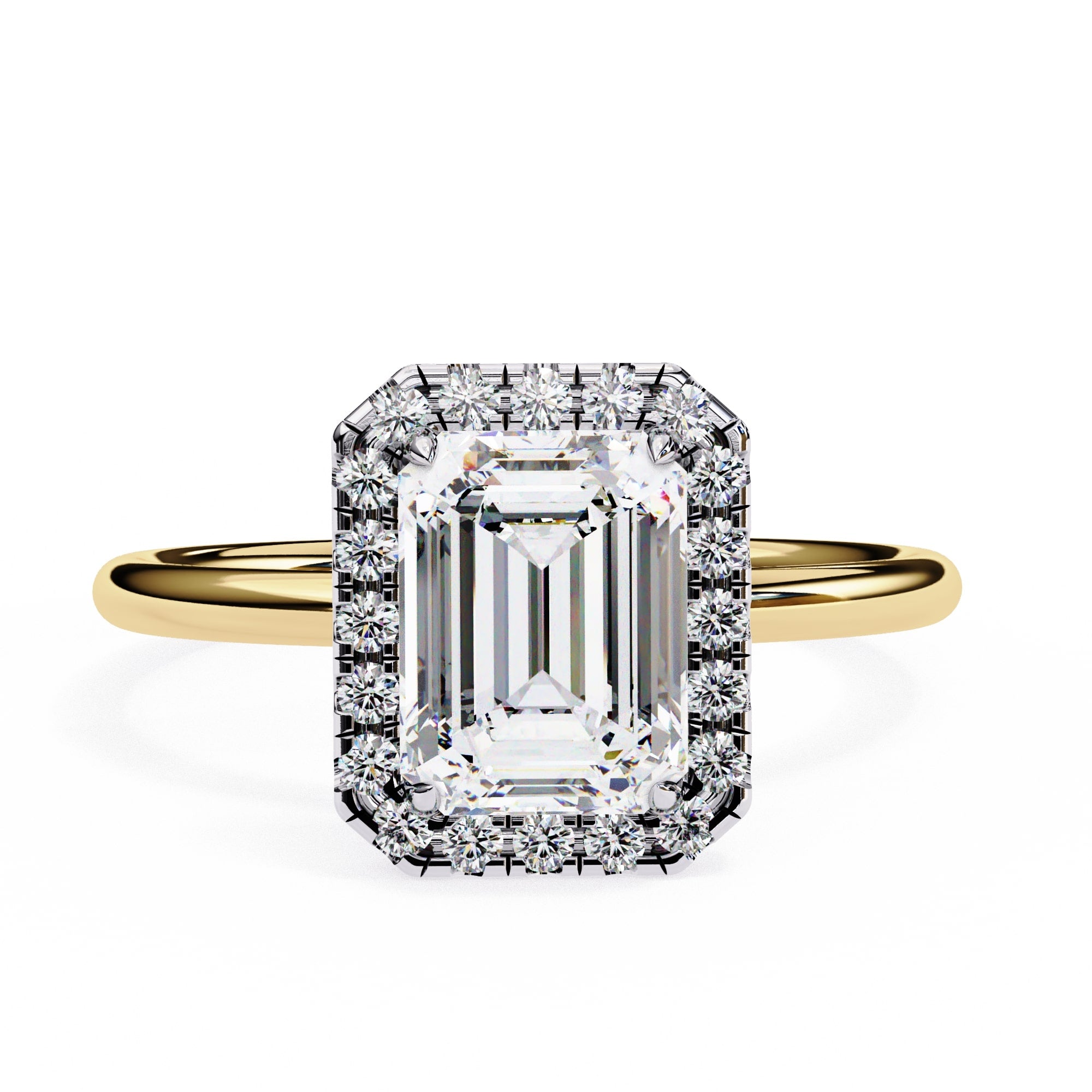 Gold ring with a large diamond and smaller diamonds on a white background
