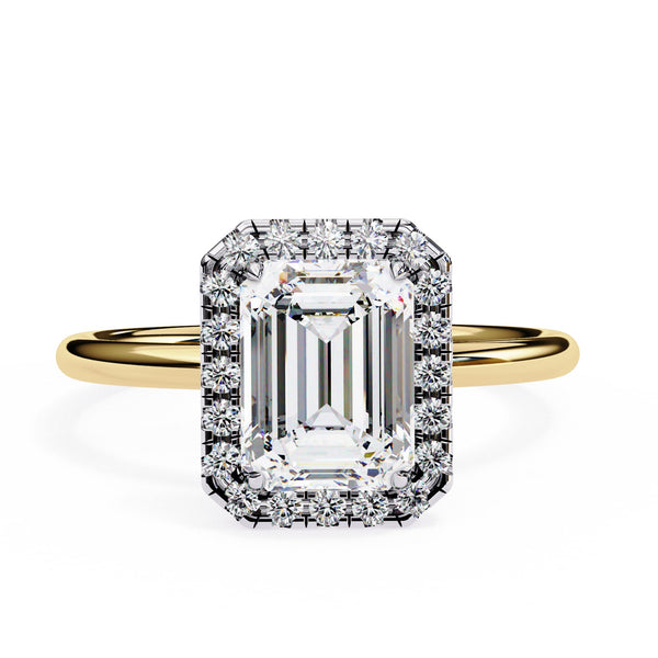 Gold ring with a large diamond and smaller diamonds on a white background