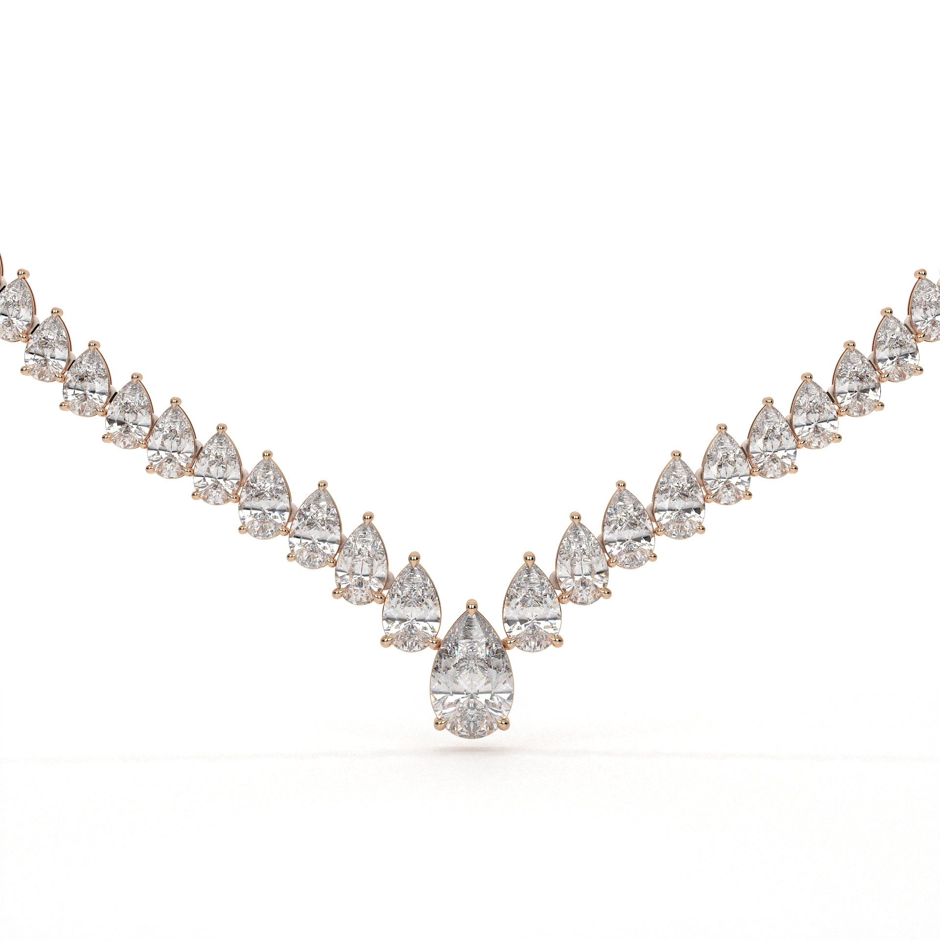 Diamond necklace with pear-shaped stones on a white background