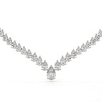 Diamond necklace with pear-shaped and round diamonds on a white background