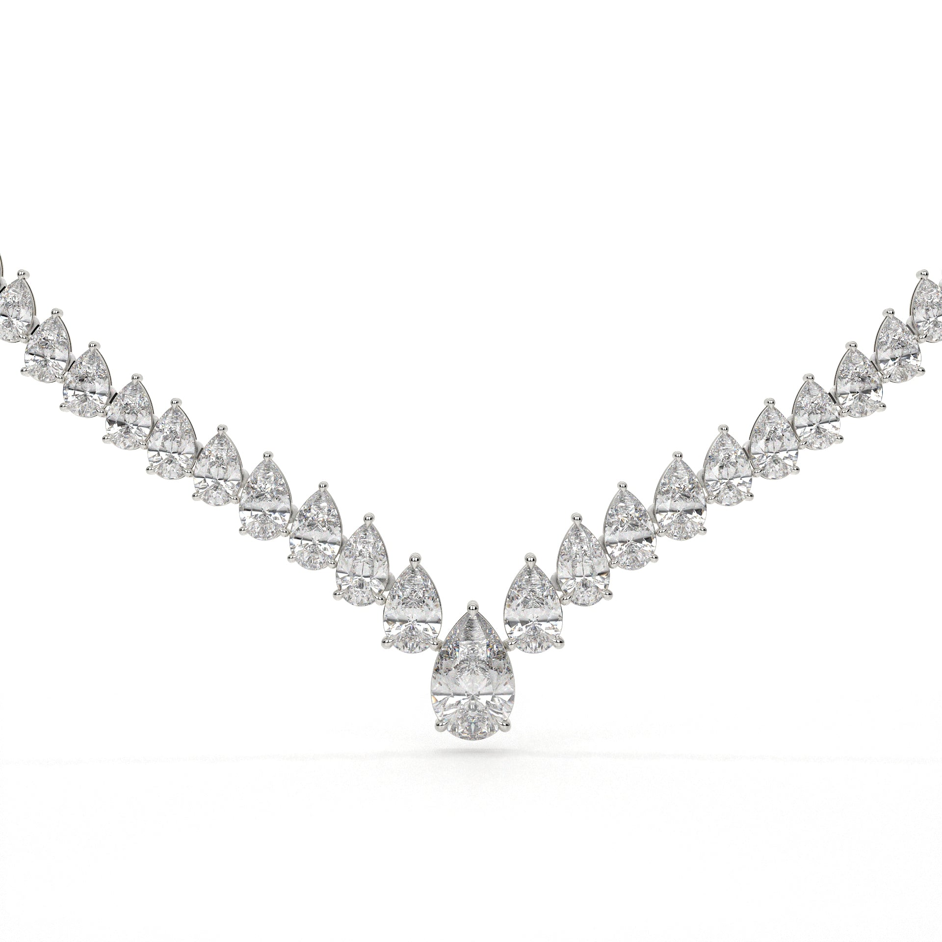 Diamond necklace with pear-shaped and round diamonds on a white background