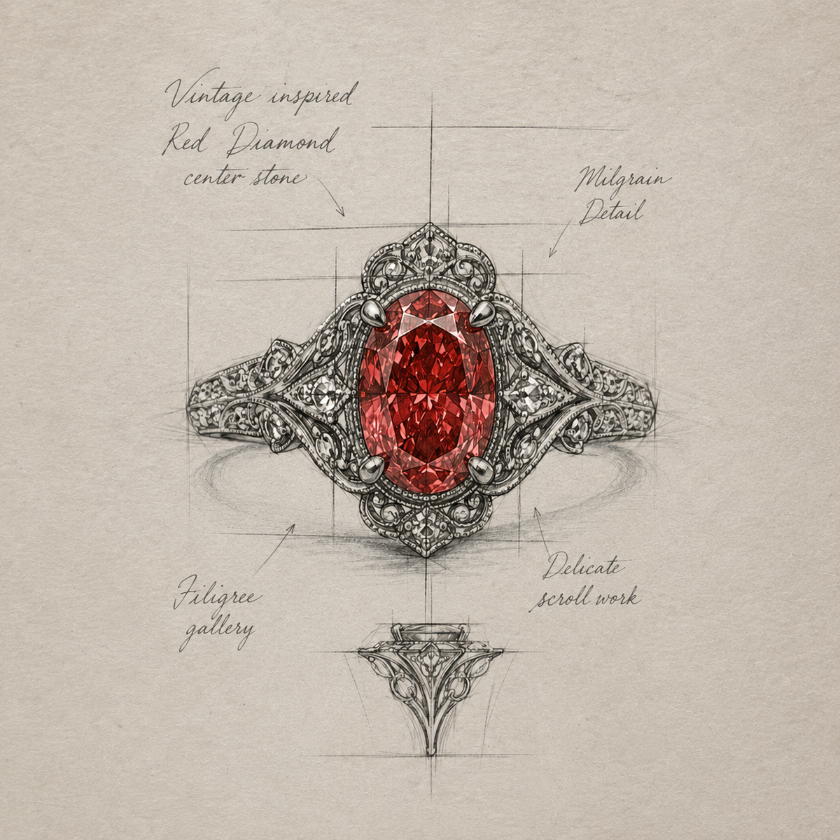 Vintage-inspired red diamond ring design with technical details on a beige background