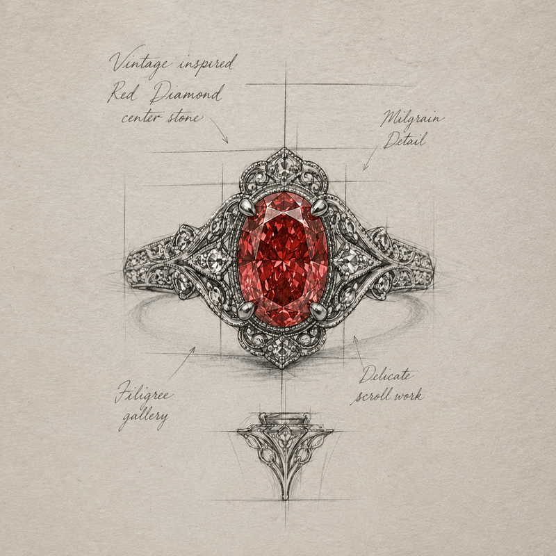 Vintage-inspired red diamond ring design with technical details on a beige background