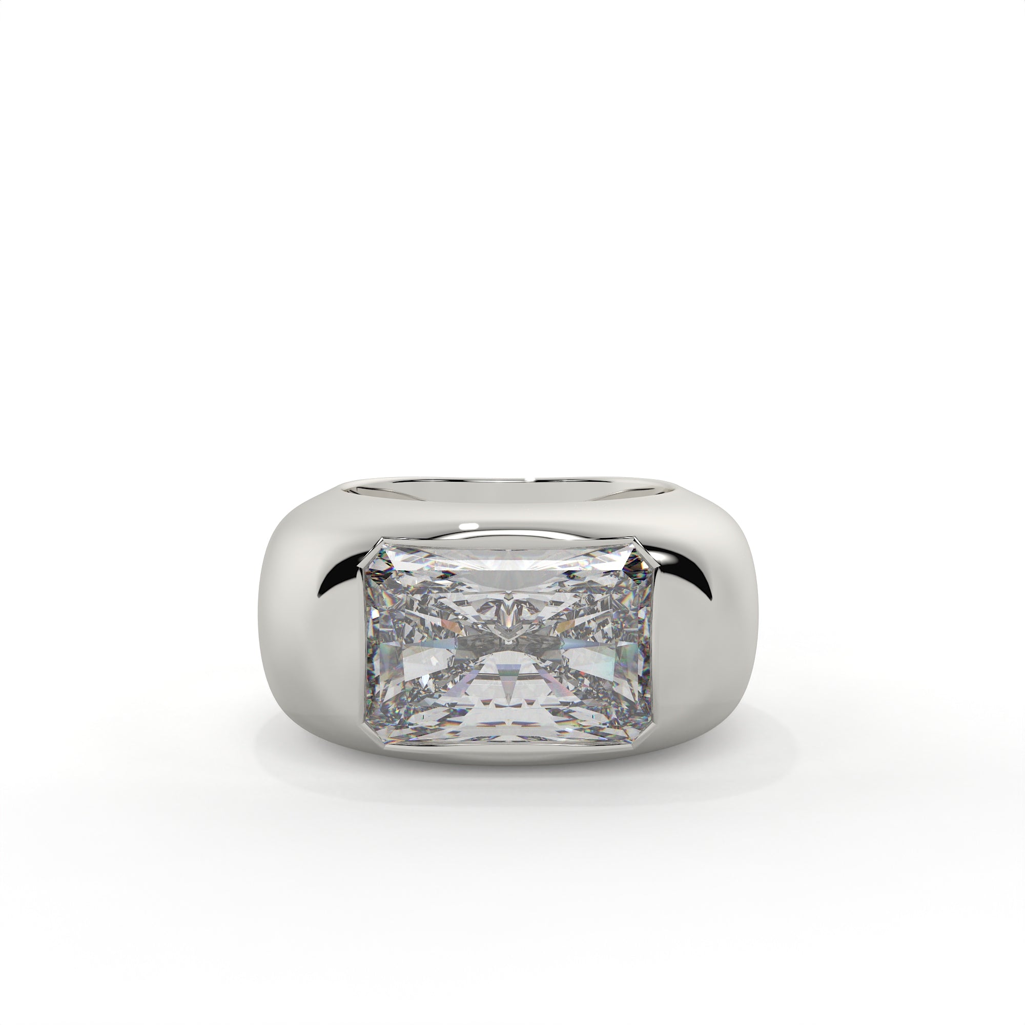 Silver ring with a large diamond on a white background