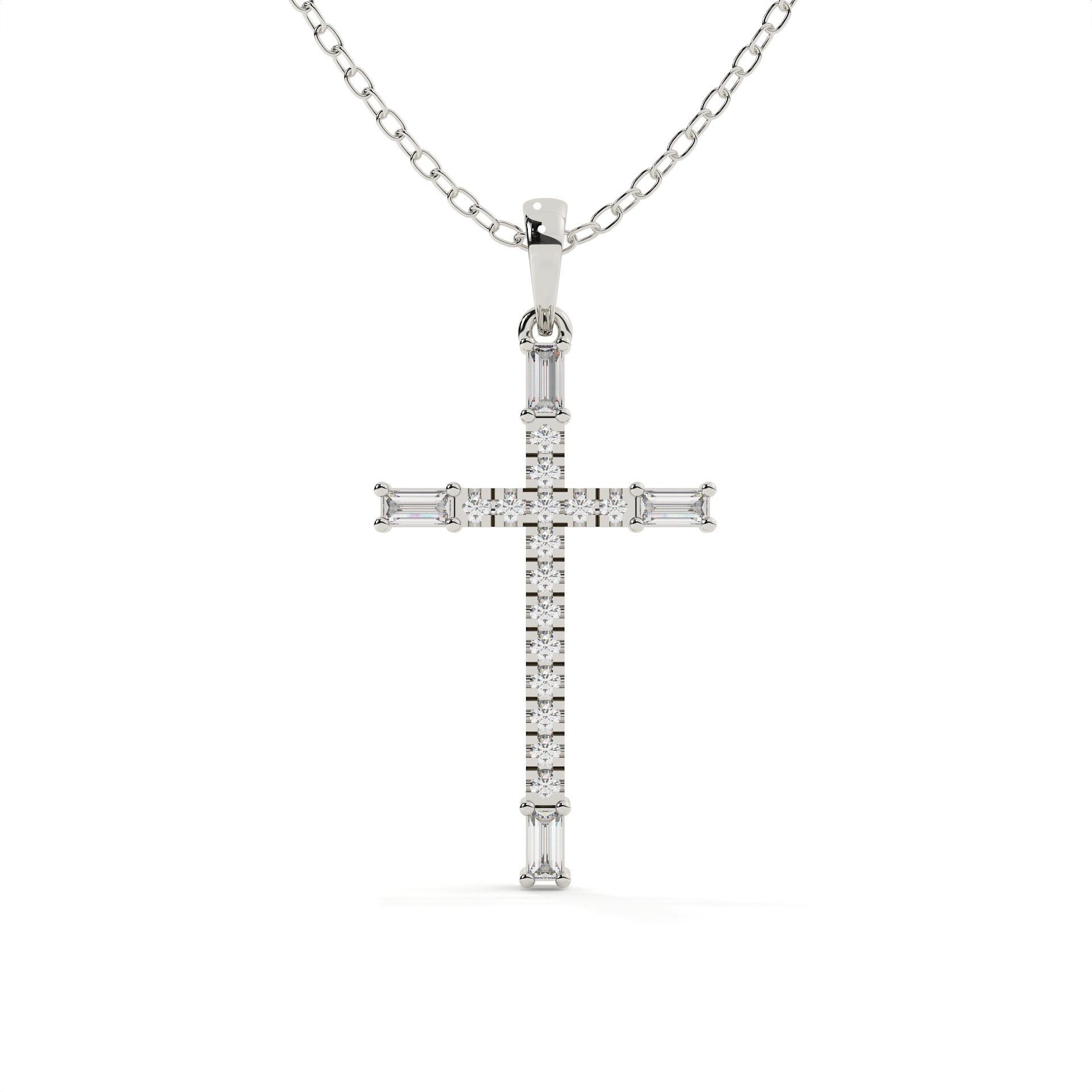 White gold Christ pendant in round and baguette cut lab-grown diamond pendant with chain.
