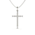 Round and baguette cut lab grown diamond Christ cross pendant in white gold with a polished finish and matching gold chain.
