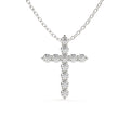 White gold cross pendant featuring round cut lab grown diamonds on a matching gold chain for everyday wear.