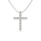 White gold cross pendant featuring round cut lab grown diamonds on a matching gold chain for everyday wear.