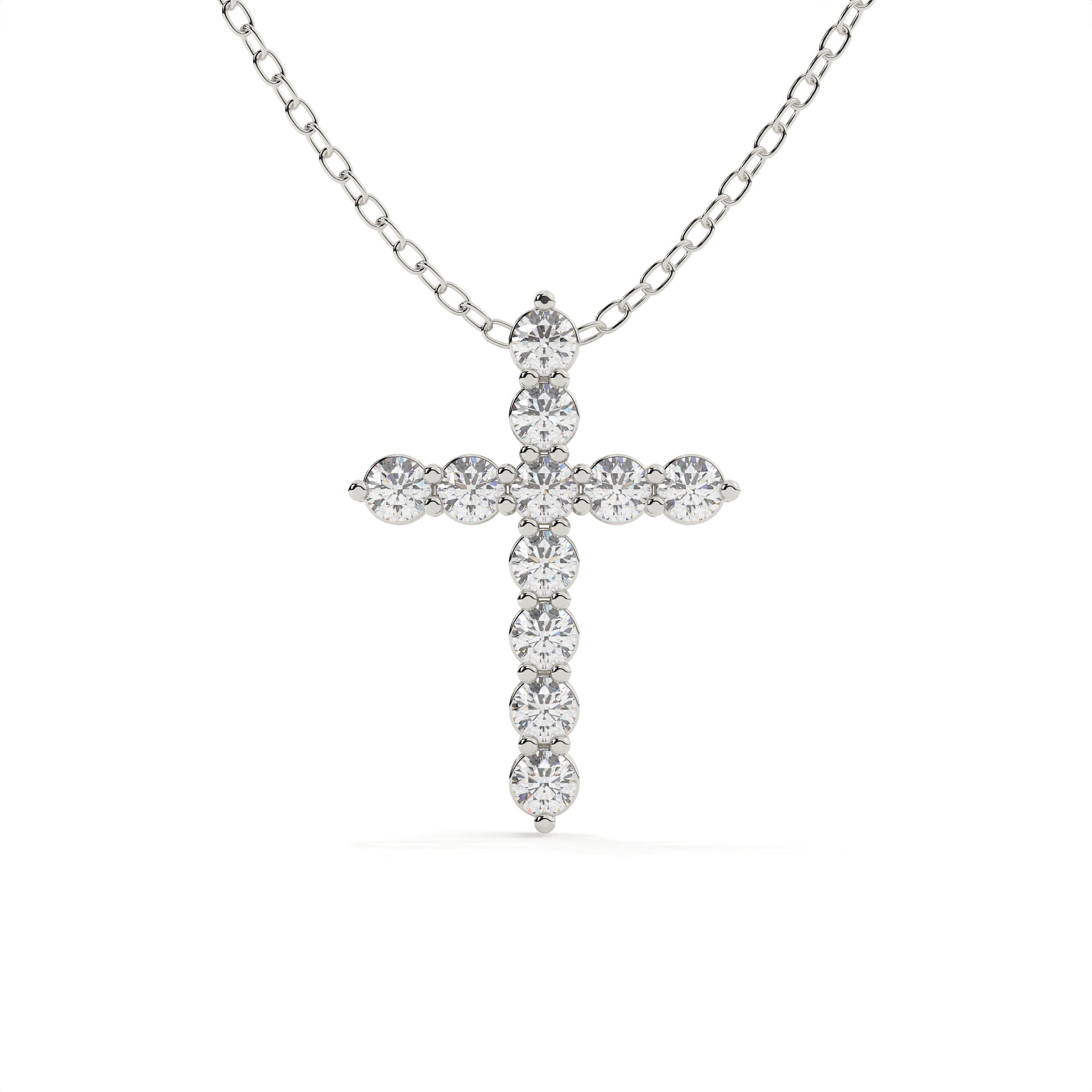 White gold cross pendant featuring round cut lab grown diamonds on a matching gold chain for everyday wear.