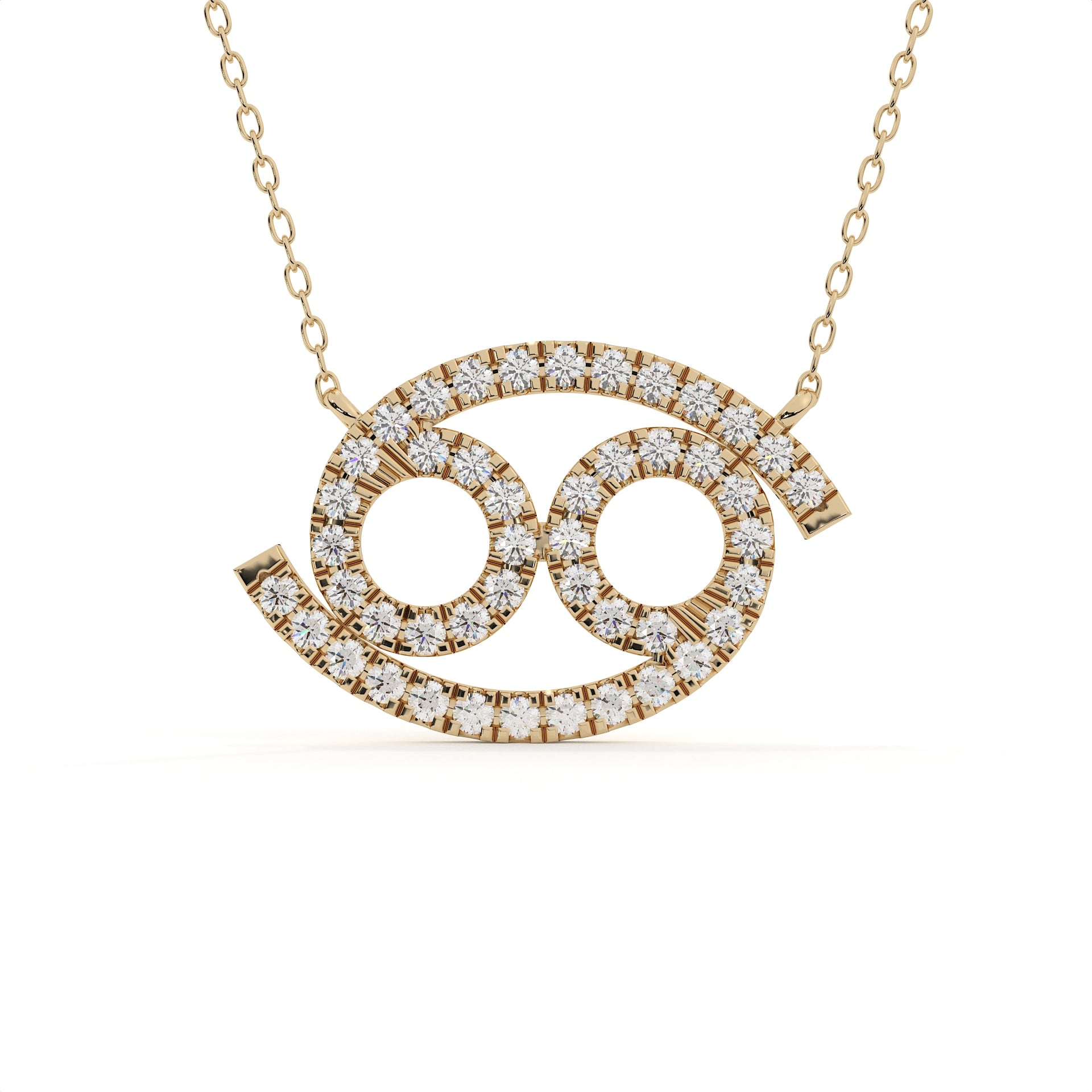 Cancer Zodiac Sign Pendant in yellow gold with round lab grown diamonds, zodiac necklace for June and July birthdays.
