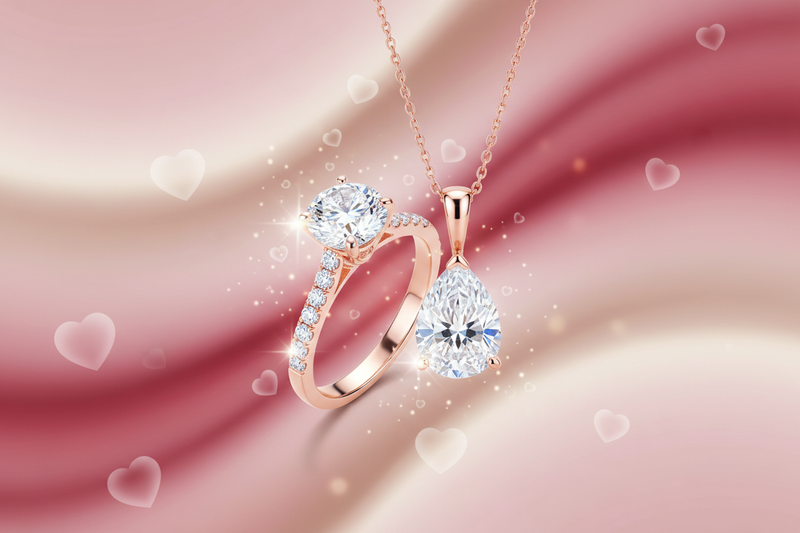 A premium Valentine’s Day themed hero image for a luxury lab-grown diamond jewelry brand.
Showcase an elegant diamond ring and pendant placed artistically in the center, softly glowing.
Romantic atmosphere with blush pink, soft red, rose gold, and champagne gradients in the background.
Subtle floating heart particles and gentle diamond sparkle effects surrounding the jewelry.
Soft cinematic lighting, shallow depth of field, ultra-realistic reflections on diamonds, luxury studio photography style.
Background