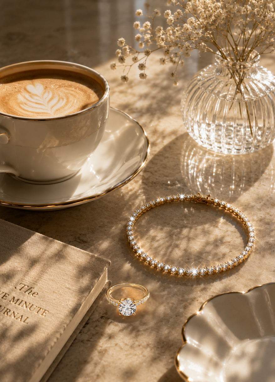 Cappuccino in a white cup with saucer, gold ring, bracelet, and book on a wooden surface.