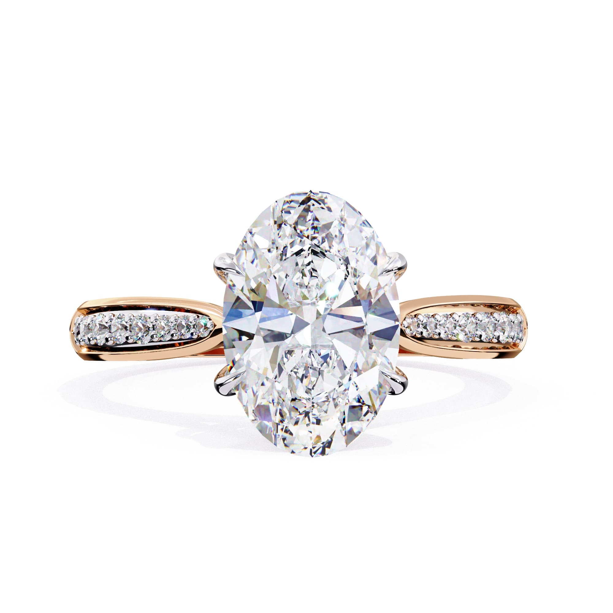 Rose gold ring with a large pear-shaped diamond and smaller diamonds on the band against a white background