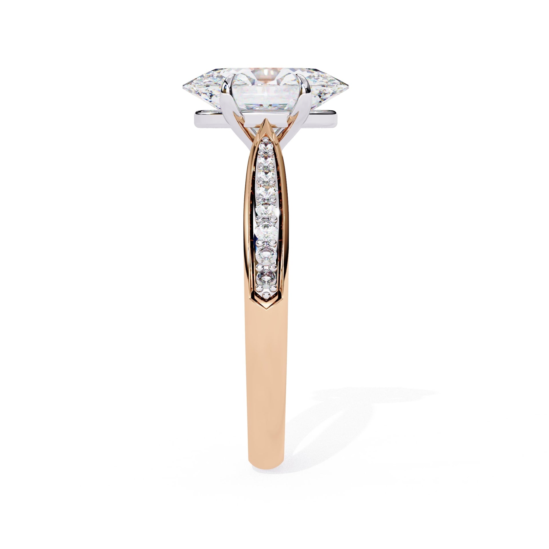 Rose gold ring with a diamond on a white background