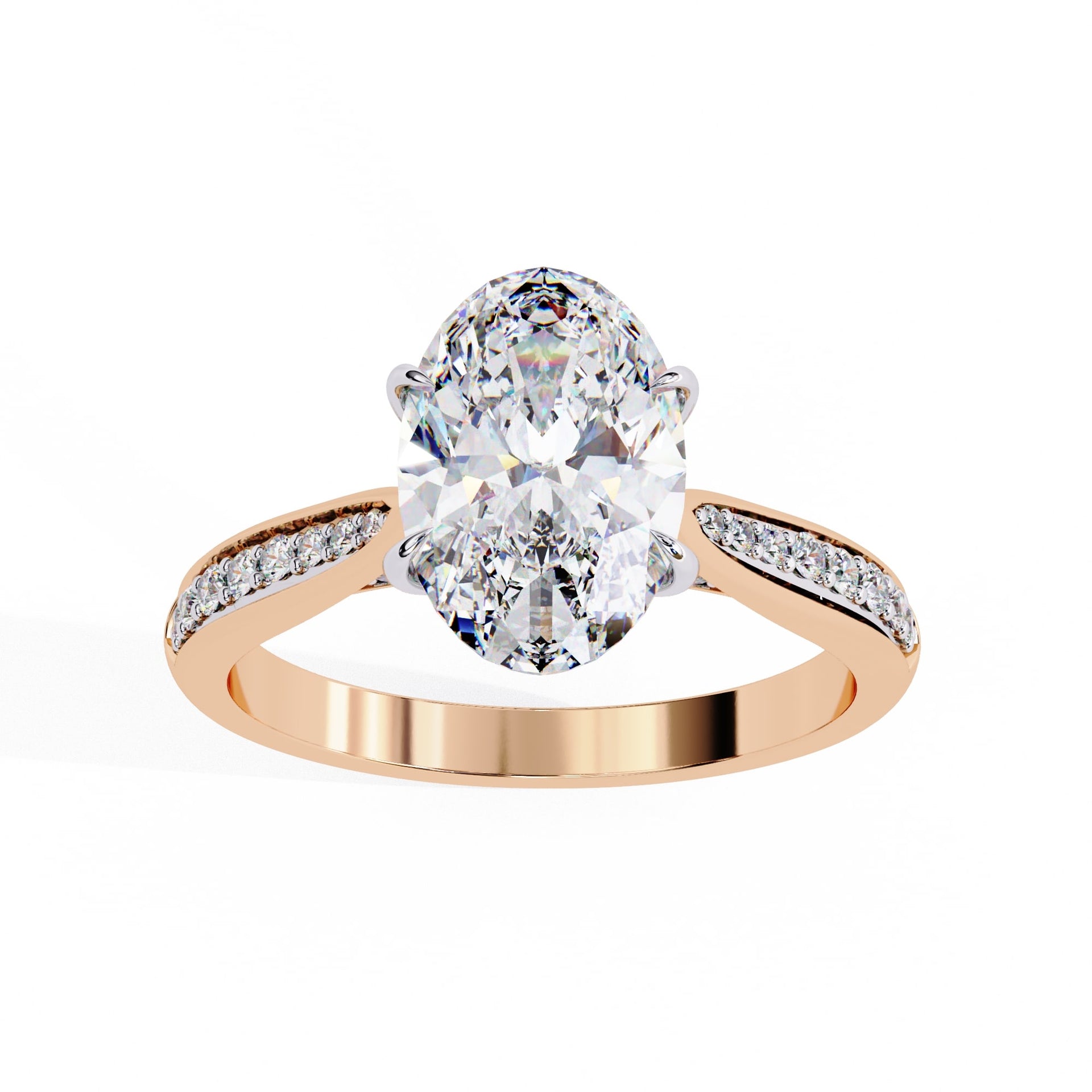 Rose gold ring with a large pear-shaped diamond and smaller diamonds on the band against a white background