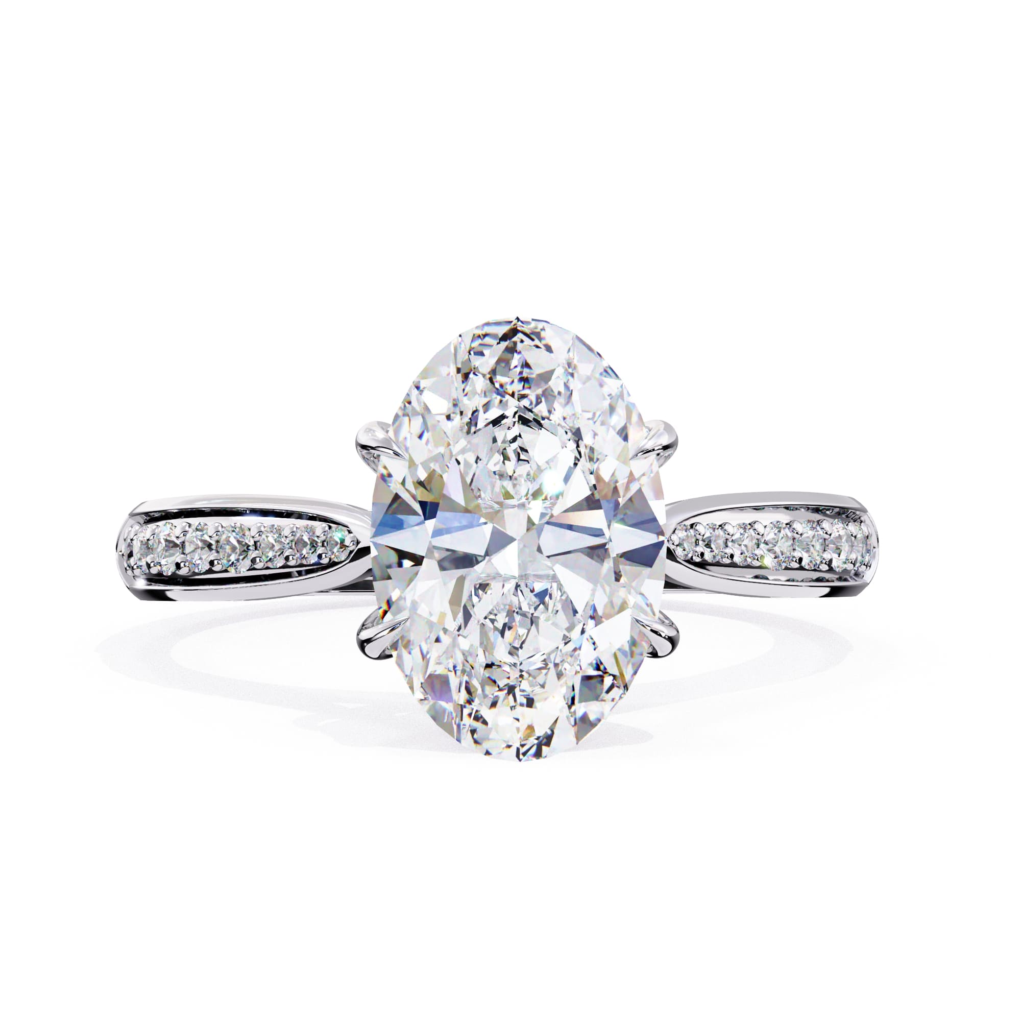 Diamond ring with two large oval diamonds and smaller diamonds on the band against a white background