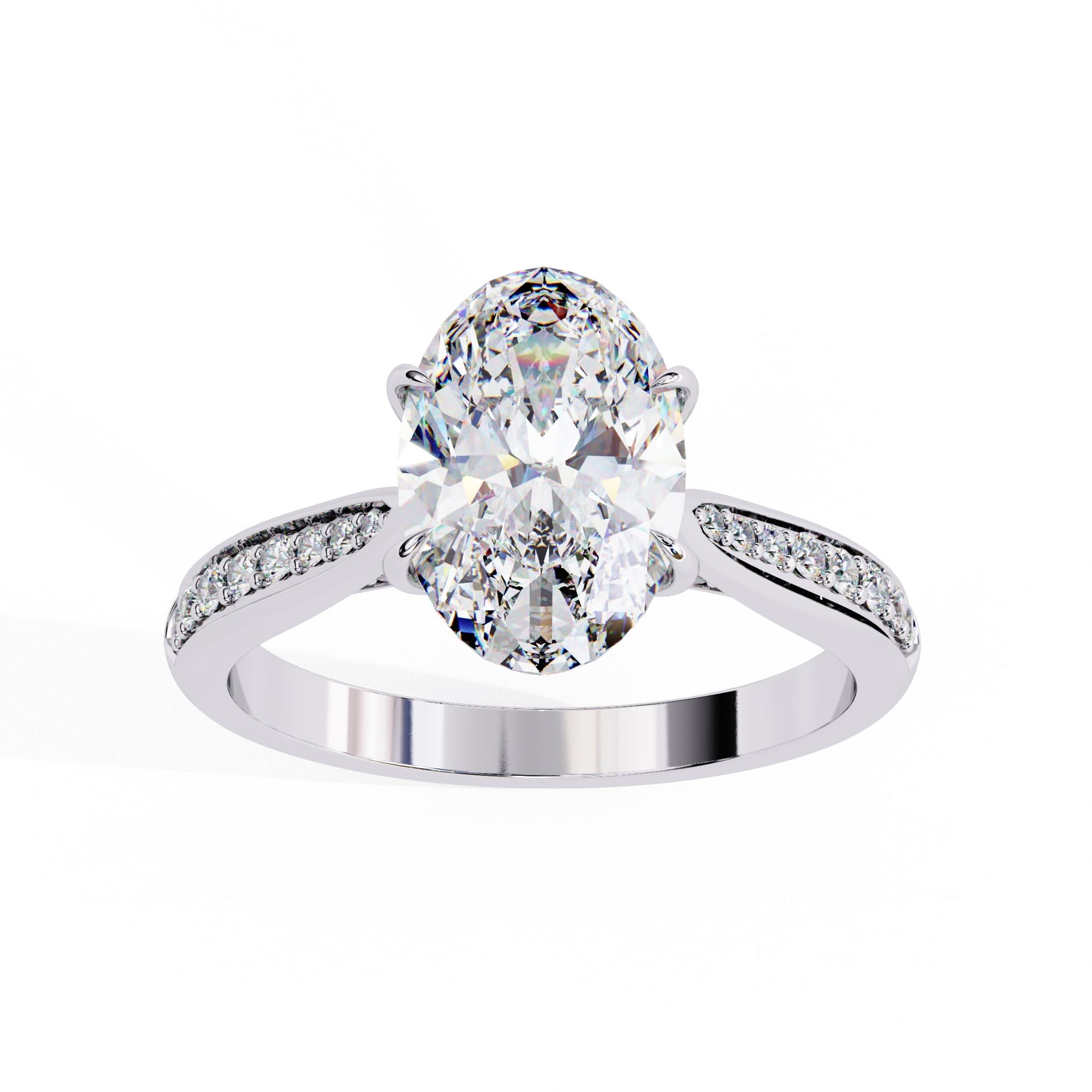Diamond ring with a pear-shaped center stone on a white background